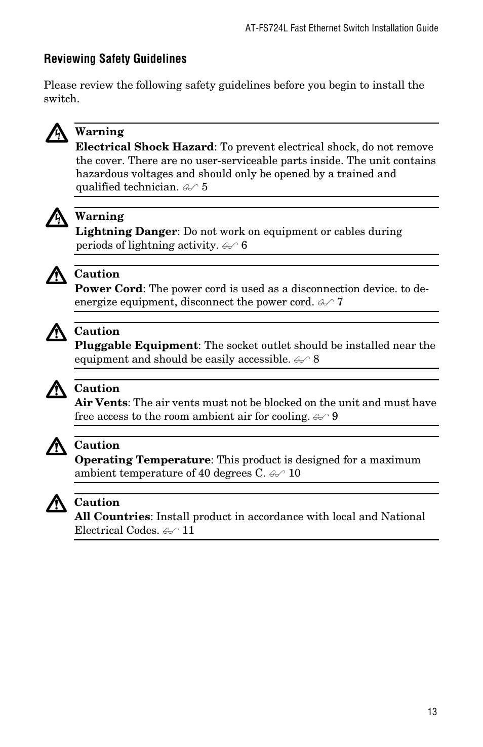 Reviewing safety guidelines | Allied Telesis AT-FS724L User Manual | Page 21 / 46