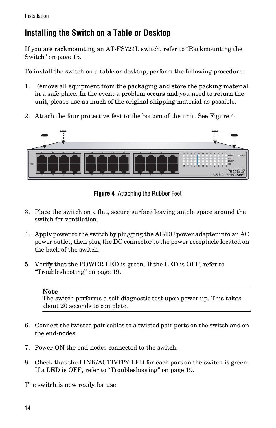 Installing the switch on a table or desktop, Installation 14 | Allied Telesis AT-FS724L User Manual | Page 22 / 46