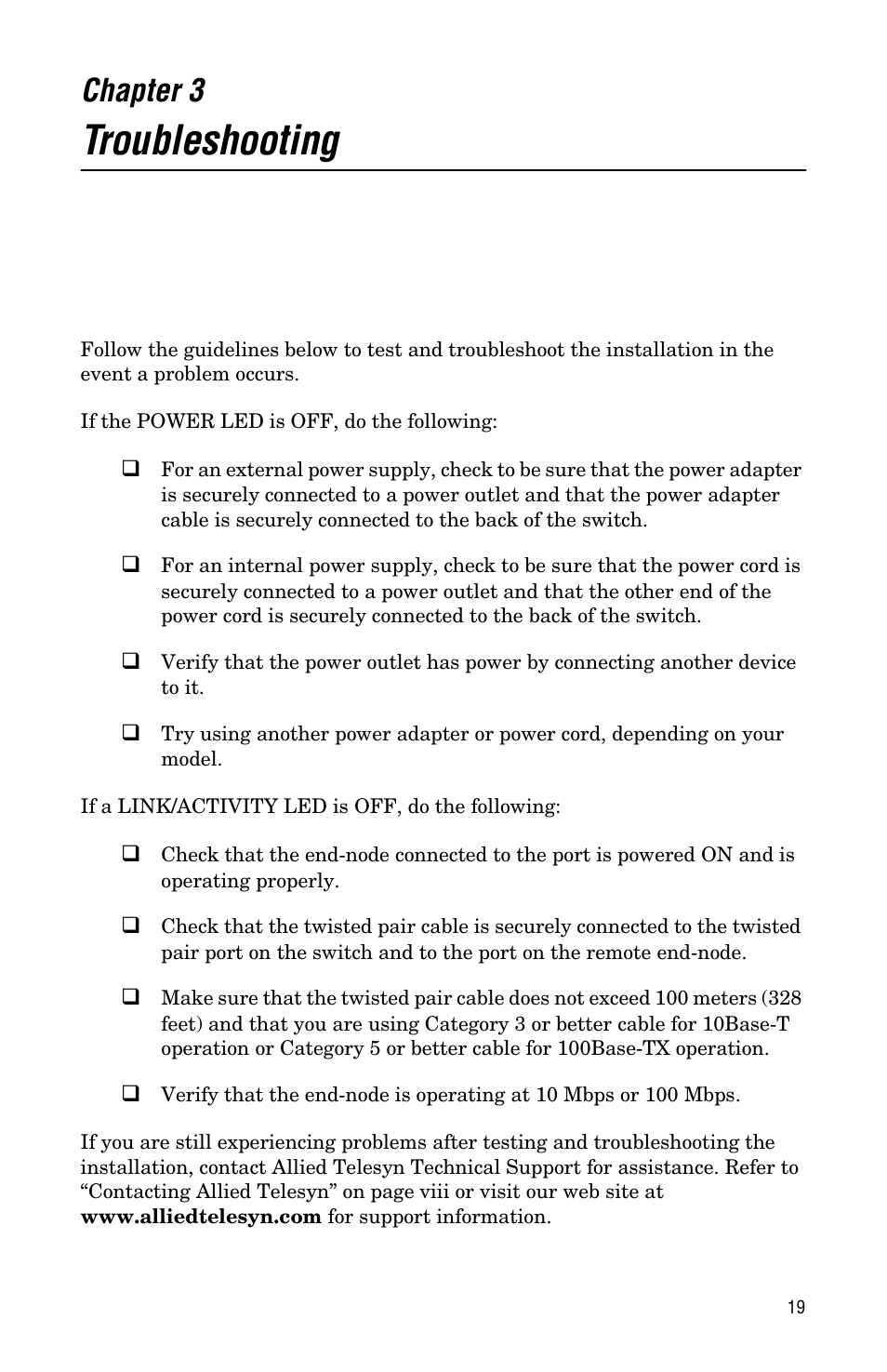 Chapter 3, Troubleshooting | Allied Telesis AT-FS724L User Manual | Page 27 / 46