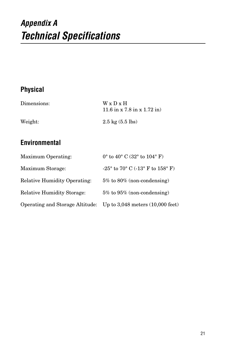 Appendix a, Technical specifications, Physical environmental | Physical, Environmental | Allied Telesis AT-FS724L User Manual | Page 29 / 46