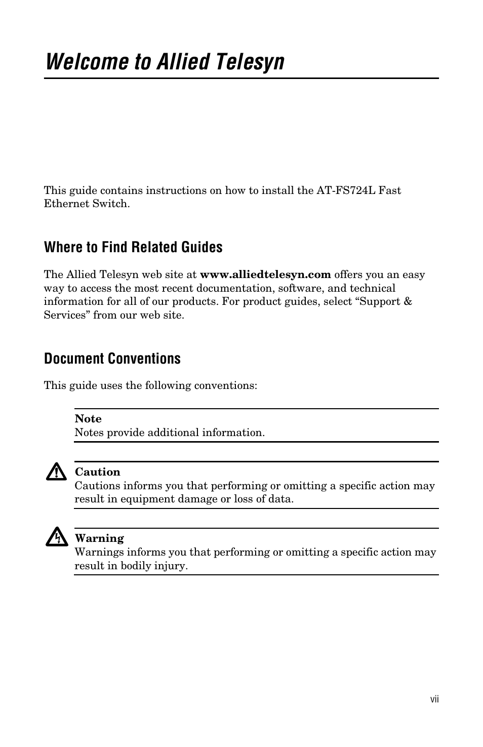 Welcome to allied telesyn, Where to find related guides, Document conventions | Allied Telesis AT-FS724L User Manual | Page 7 / 46