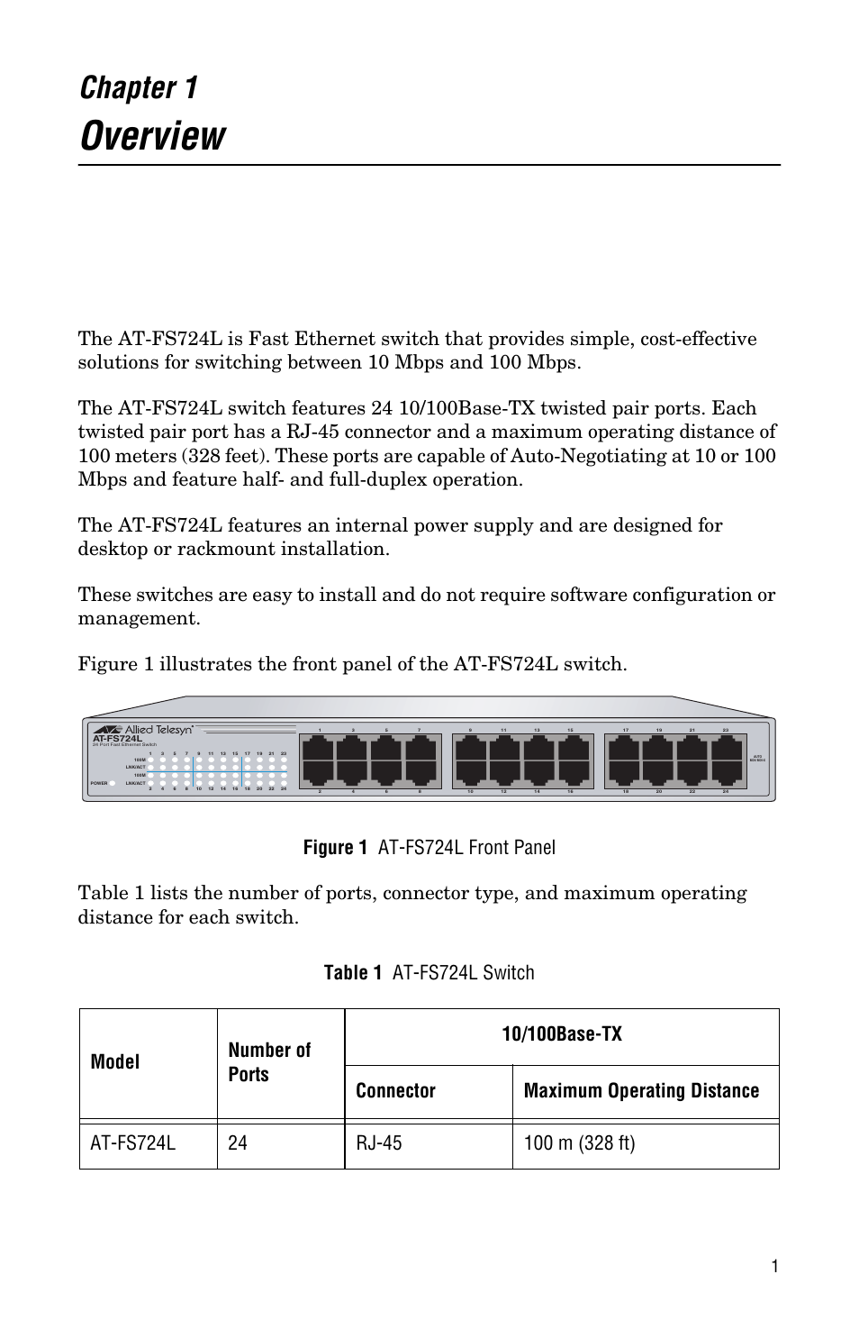 Chapter 1, Overview | Allied Telesis AT-FS724L User Manual | Page 9 / 46