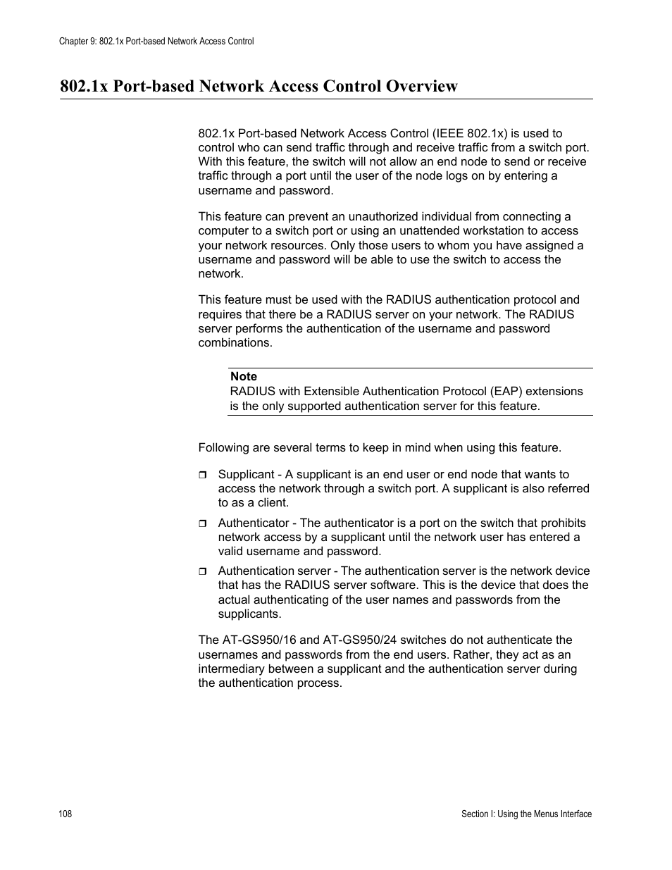 1x port-based network access control overview | Allied Telesis AT-S79 User Manual | Page 108 / 210