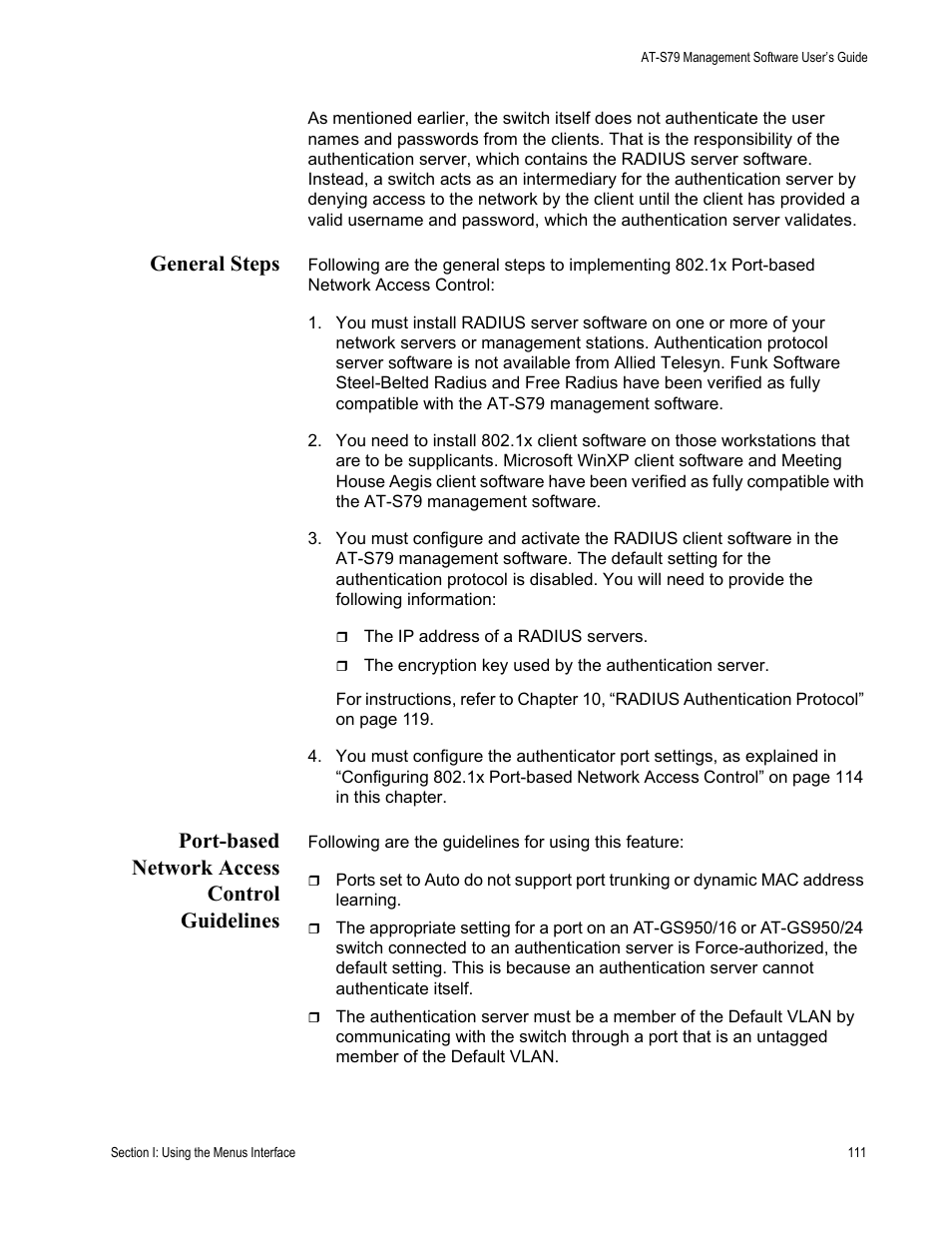 General steps, Port-based network access control guidelines | Allied Telesis AT-S79 User Manual | Page 111 / 210