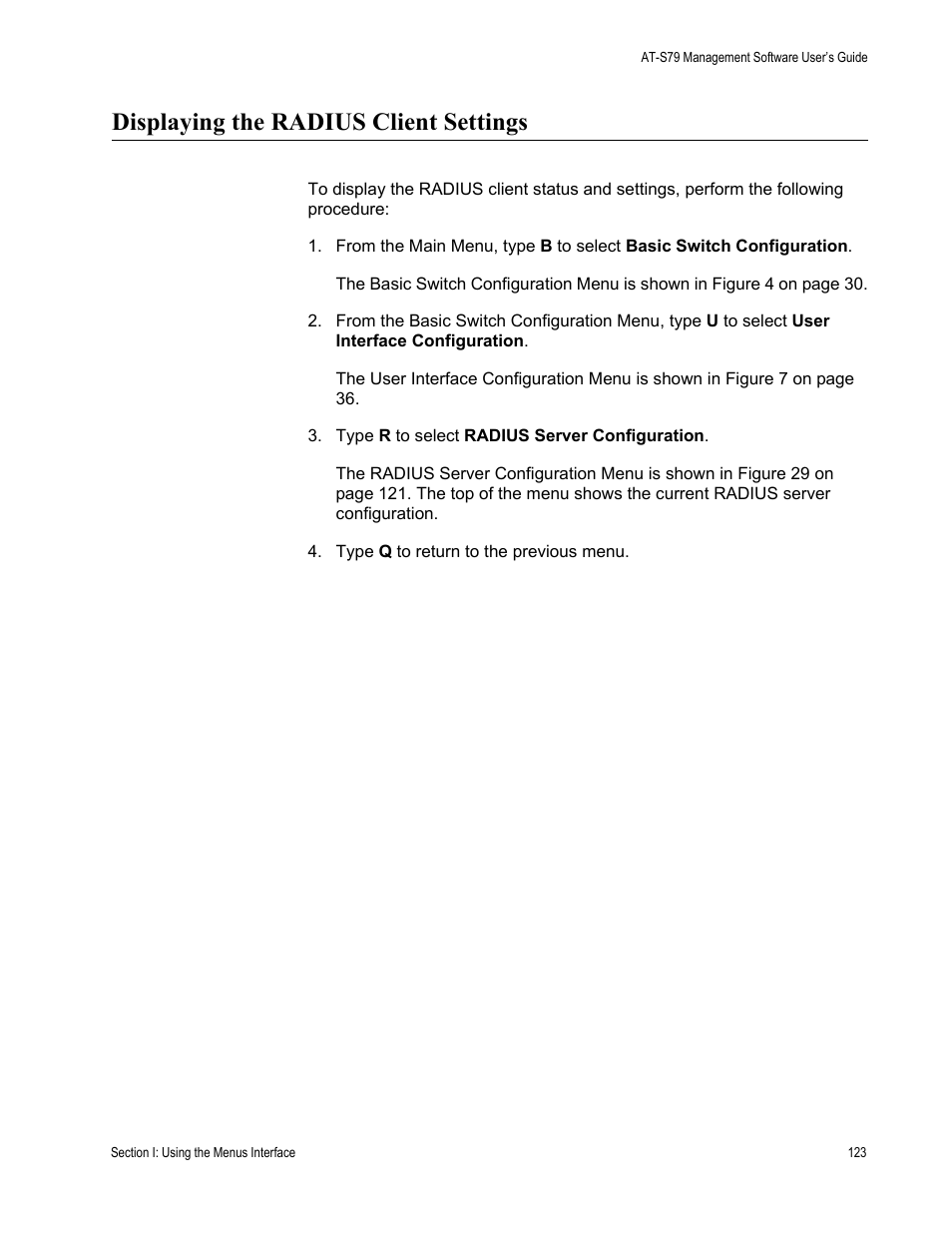 Displaying the radius client settings | Allied Telesis AT-S79 User Manual | Page 123 / 210