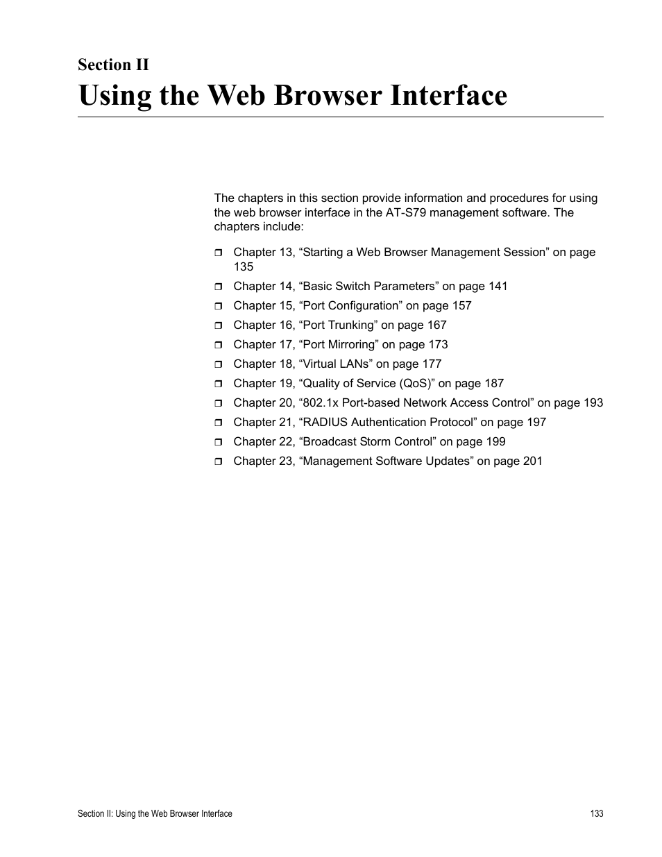 Section ii, Using the web browser interface, Section ii: using the web browser interface | Allied Telesis AT-S79 User Manual | Page 133 / 210