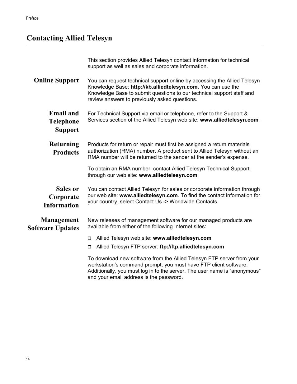 Contacting allied telesyn, Online support, Email and telephone support | Returning products, Sales or corporate information, Management software updates | Allied Telesis AT-S79 User Manual | Page 14 / 210