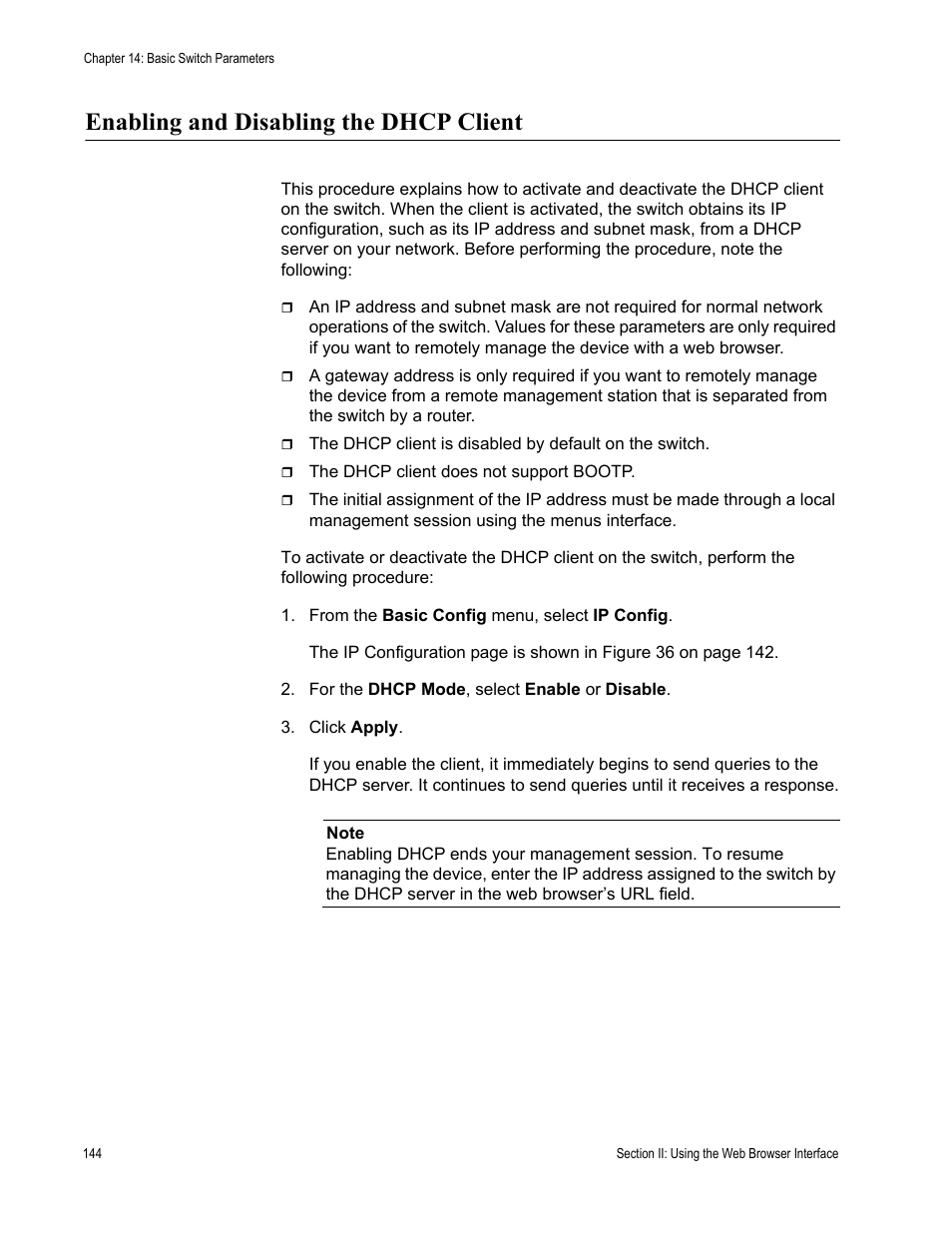 Enabling and disabling the dhcp client | Allied Telesis AT-S79 User Manual | Page 144 / 210