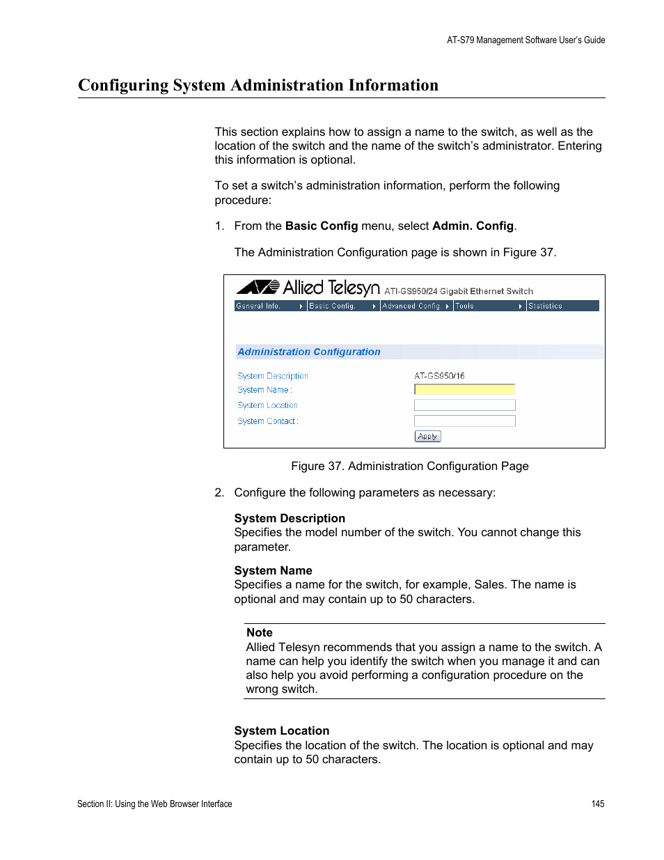 Configuring system administration information | Allied Telesis AT-S79 User Manual | Page 145 / 210