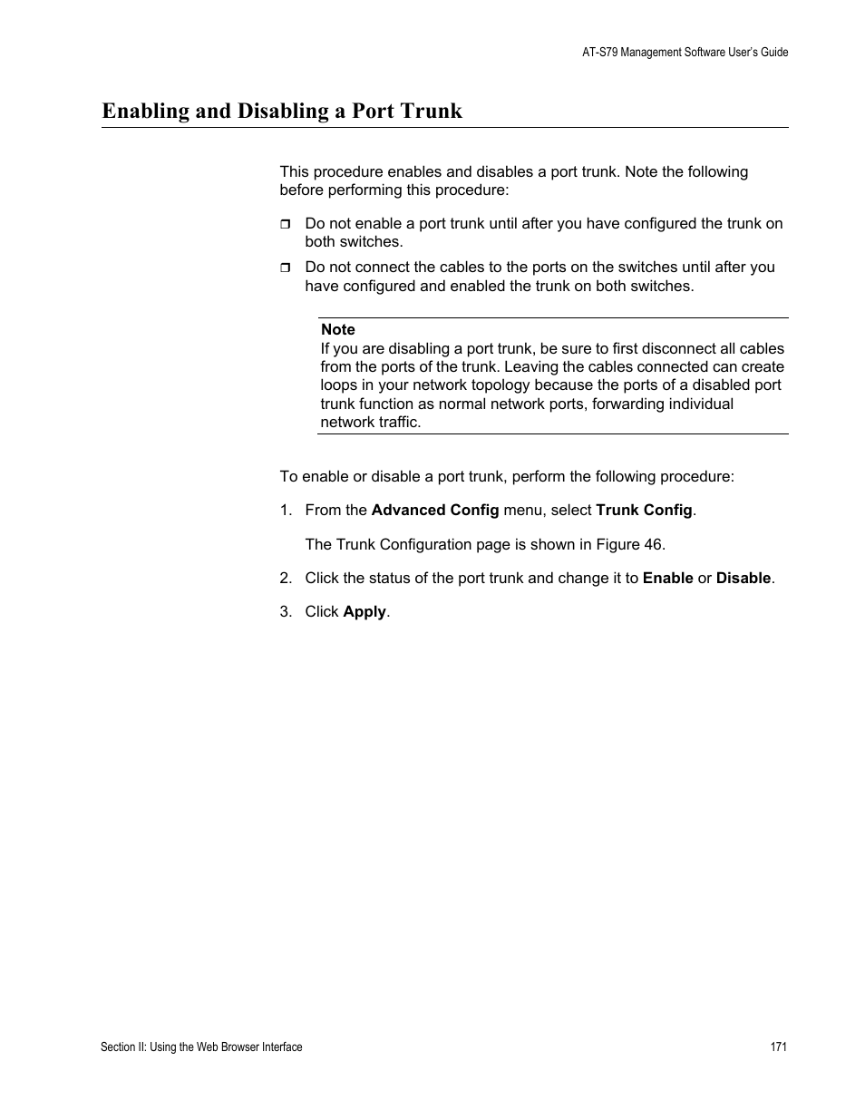 Enabling and disabling a port trunk | Allied Telesis AT-S79 User Manual | Page 171 / 210