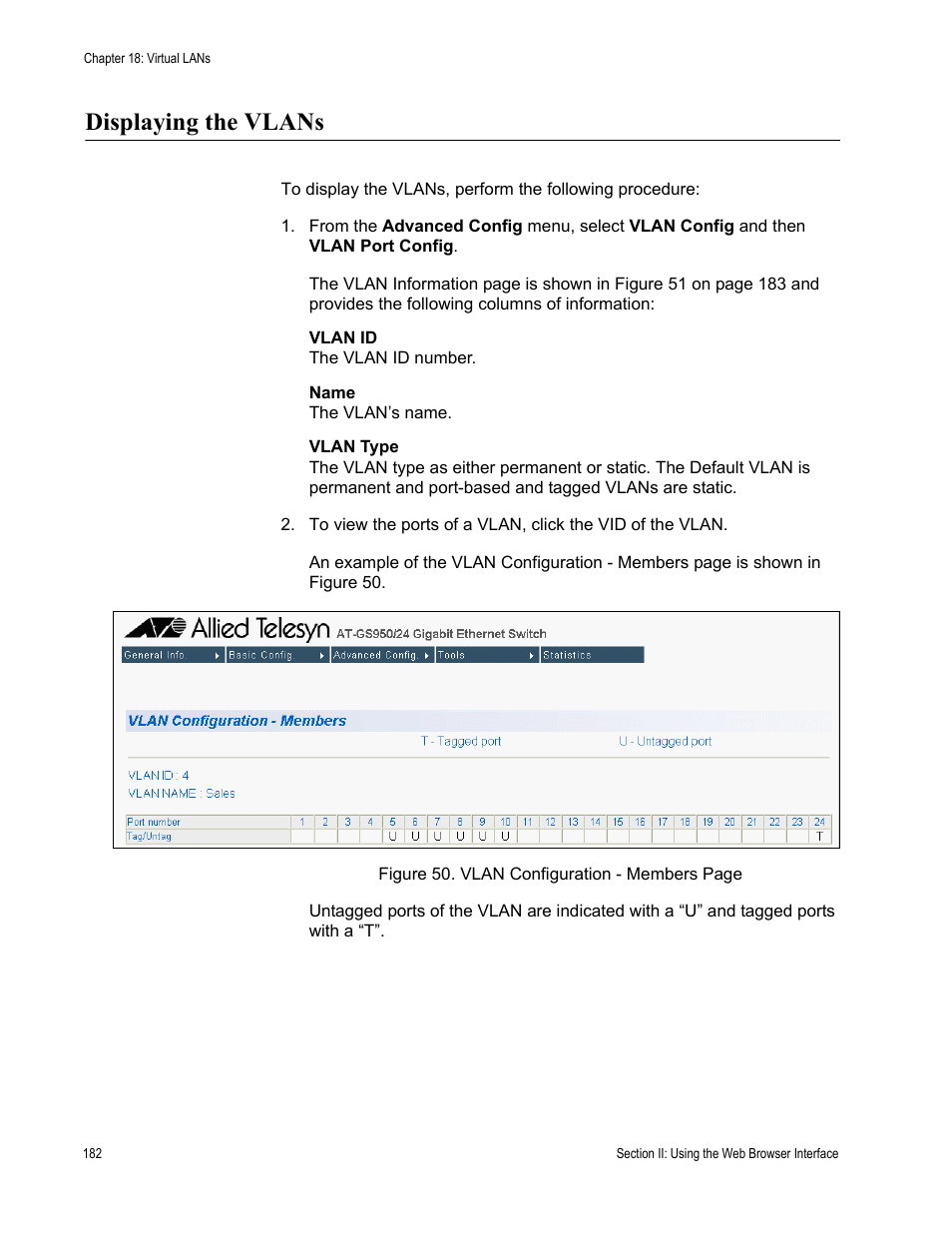 Displaying the vlans | Allied Telesis AT-S79 User Manual | Page 182 / 210