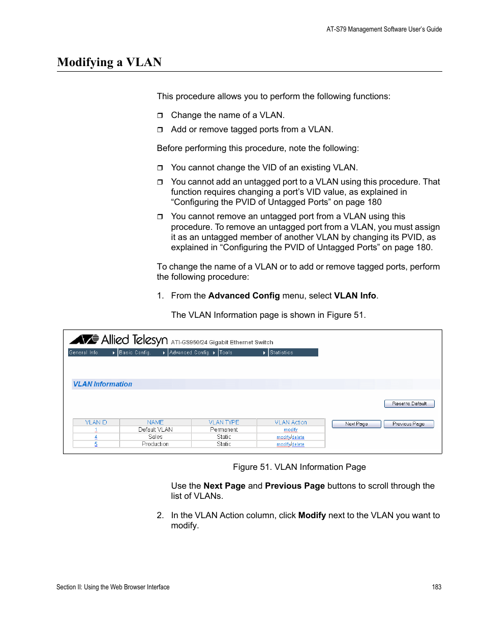 Modifying a vlan | Allied Telesis AT-S79 User Manual | Page 183 / 210