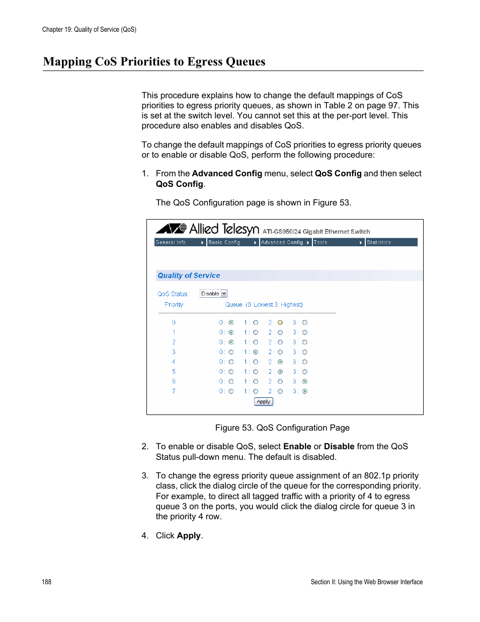 Mapping cos priorities to egress queues | Allied Telesis AT-S79 User Manual | Page 188 / 210