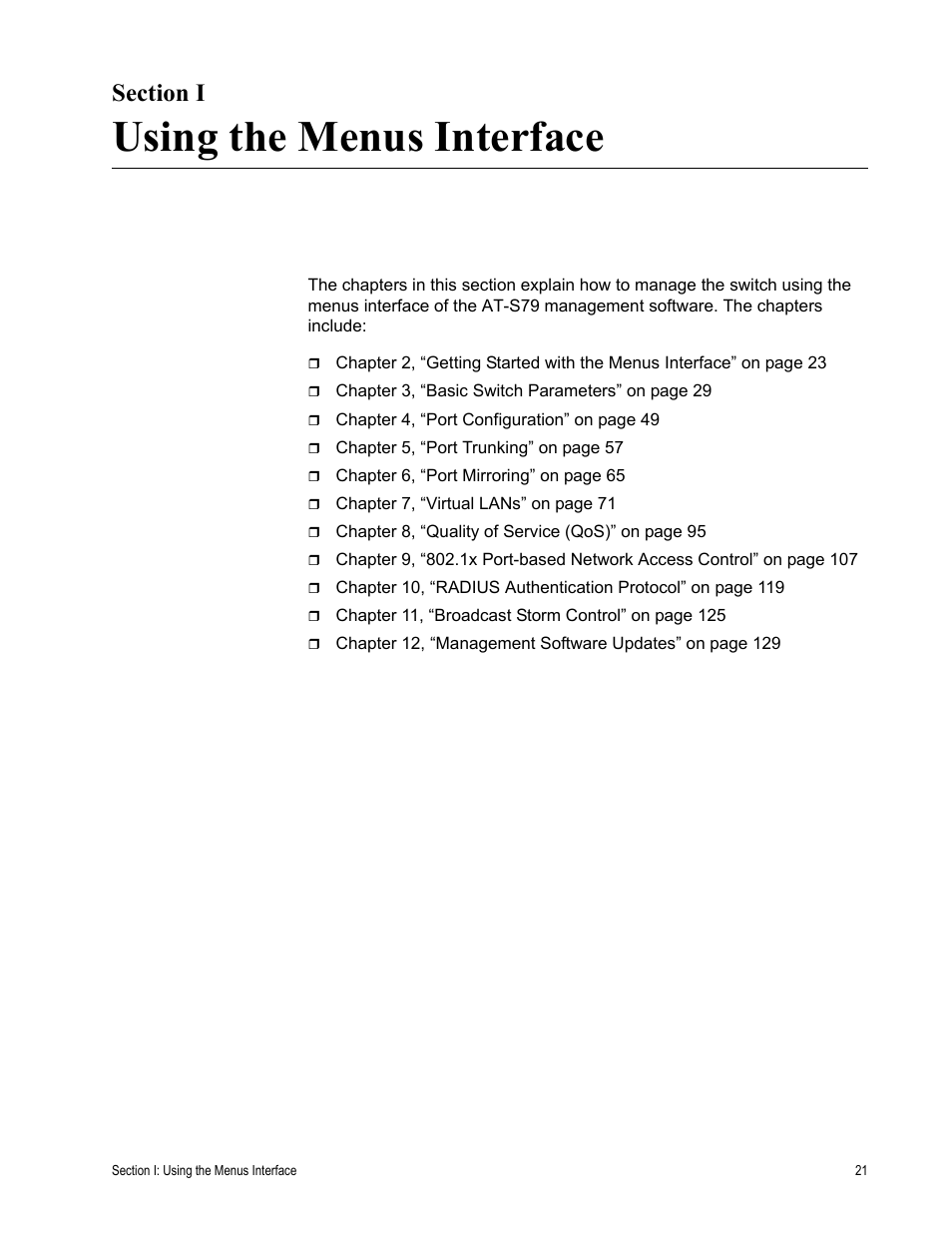 Section i, Using the menus interface, Section i: using the menus interface | Allied Telesis AT-S79 User Manual | Page 21 / 210