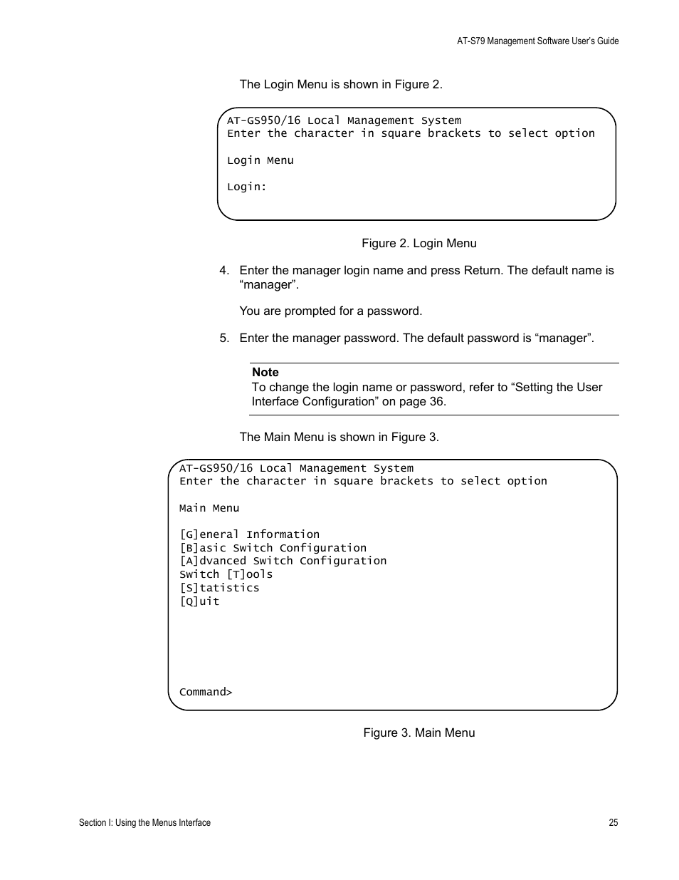 Figure 2. login menu figure 3. main menu | Allied Telesis AT-S79 User Manual | Page 25 / 210