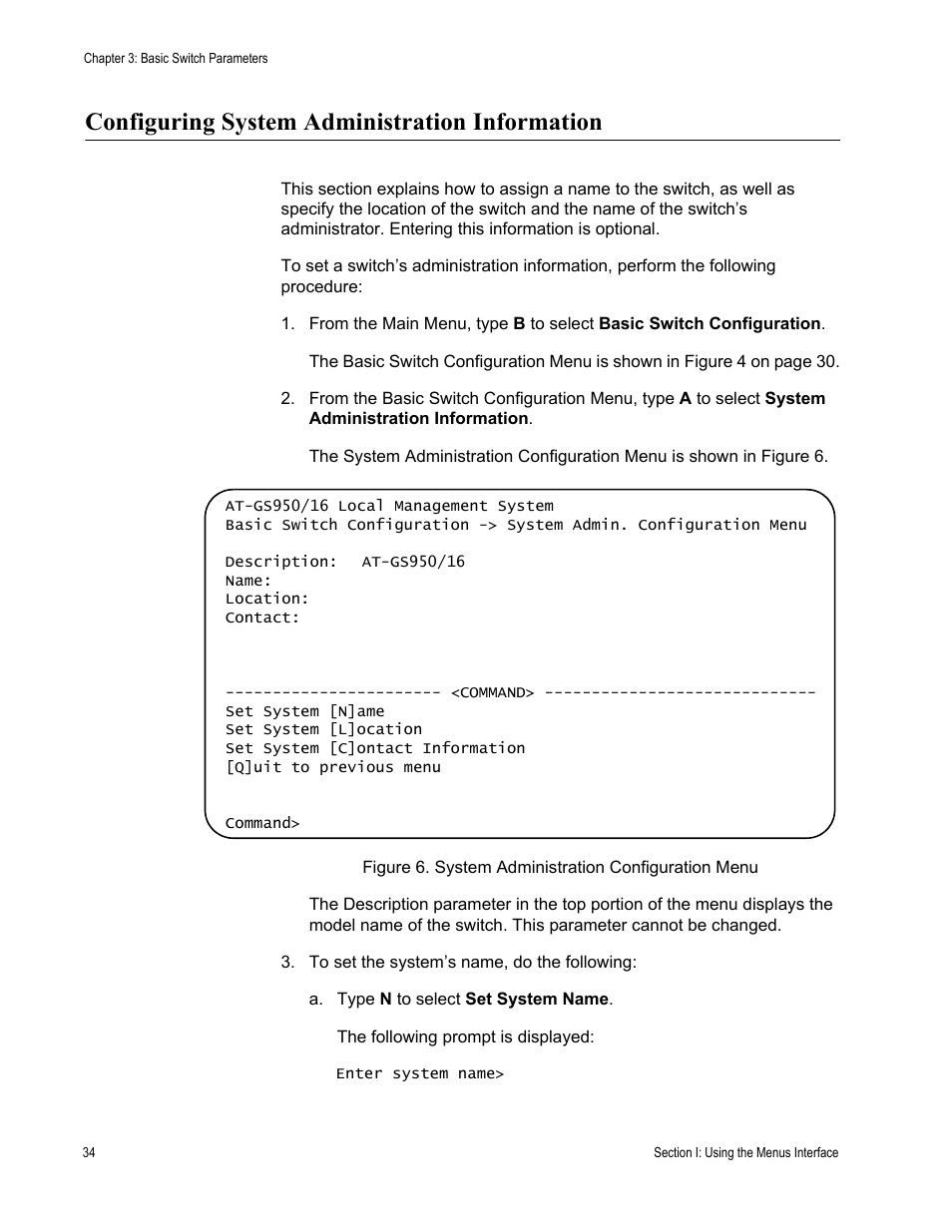 Configuring system administration information, Figure 6. system administration configuration menu | Allied Telesis AT-S79 User Manual | Page 34 / 210