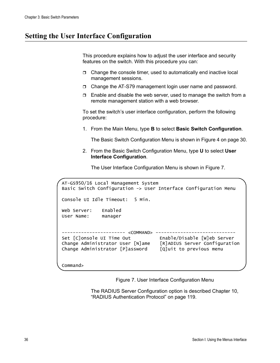 Setting the user interface configuration, Figure 7. user interface configuration menu | Allied Telesis AT-S79 User Manual | Page 36 / 210