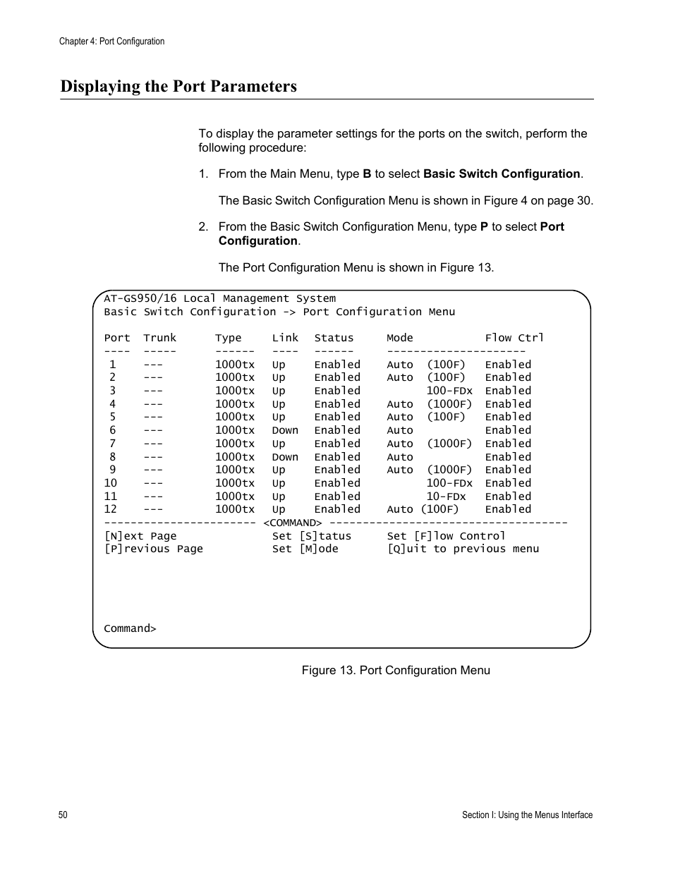 Displaying the port parameters, Figure 13. port configuration menu | Allied Telesis AT-S79 User Manual | Page 50 / 210