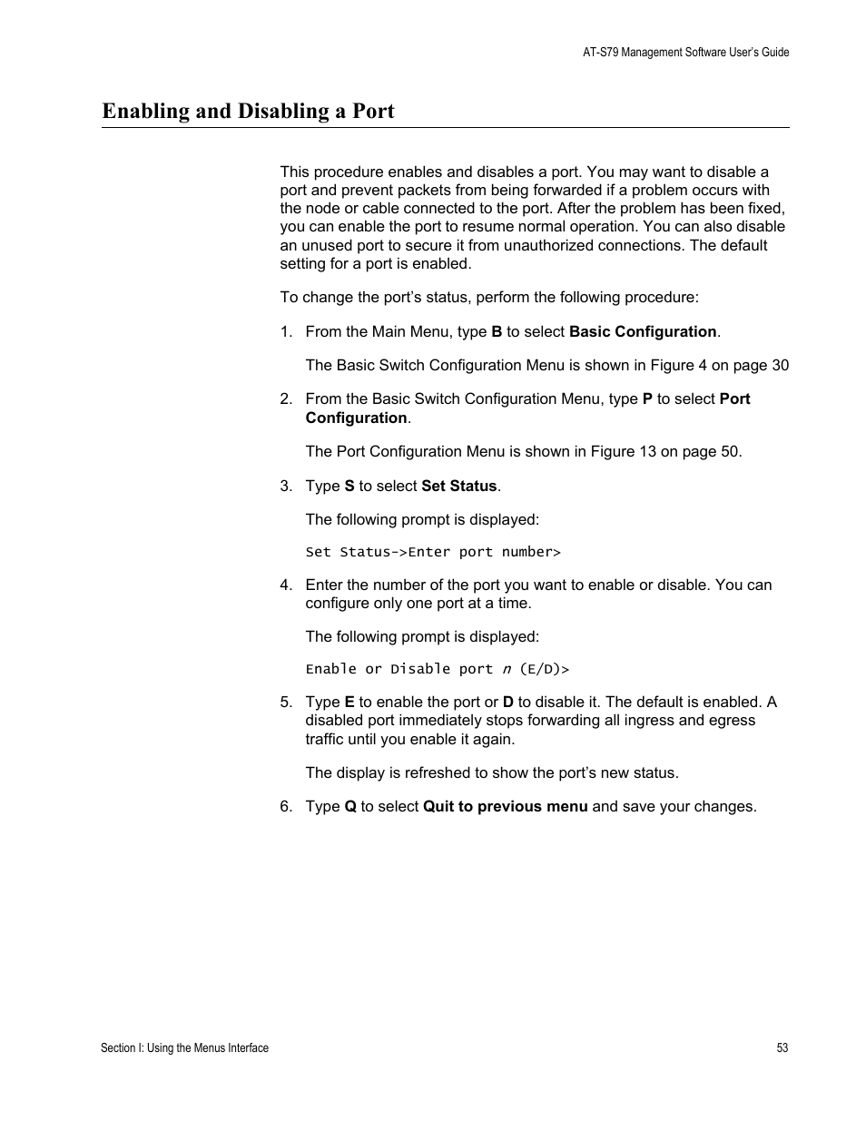 Enabling and disabling a port | Allied Telesis AT-S79 User Manual | Page 53 / 210
