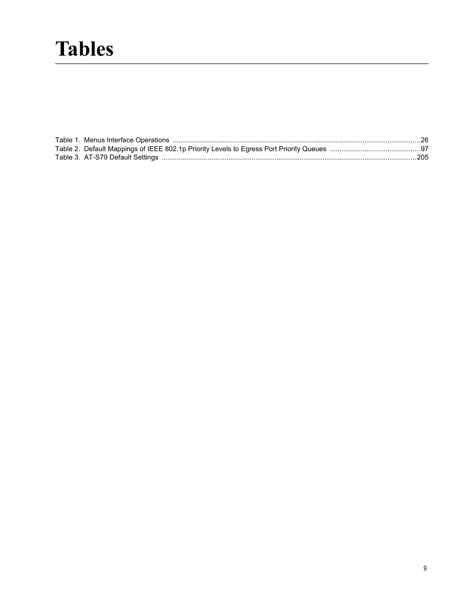Tables | Allied Telesis AT-S79 User Manual | Page 9 / 210
