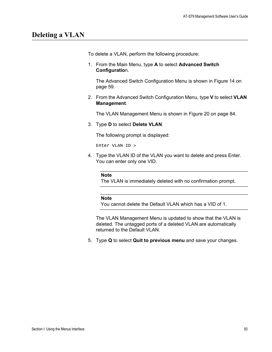 Deleting a vlan | Allied Telesis AT-S79 User Manual | Page 93 / 210