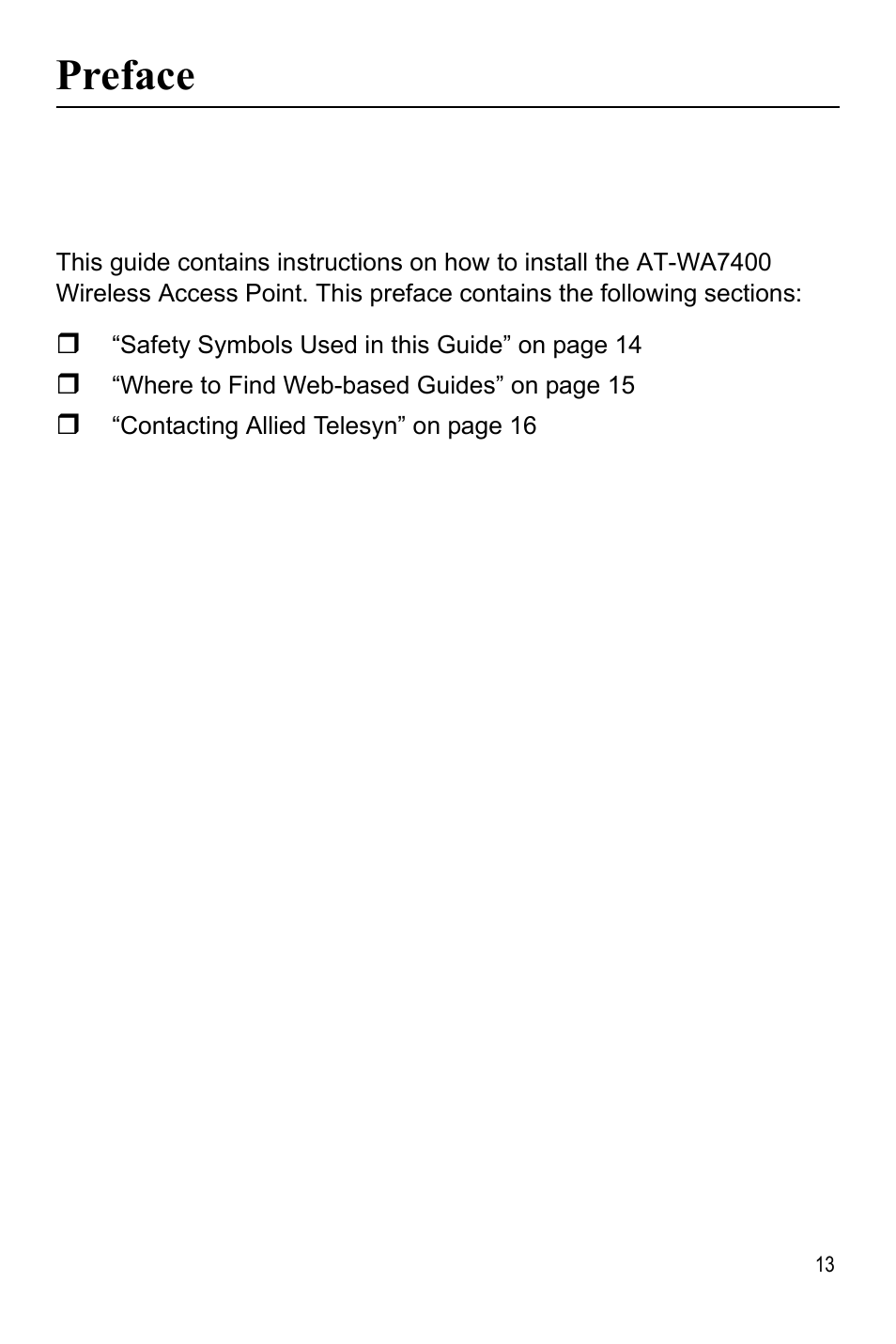 Preface | Allied Telesis AT-WA7400 User Manual | Page 13 / 60