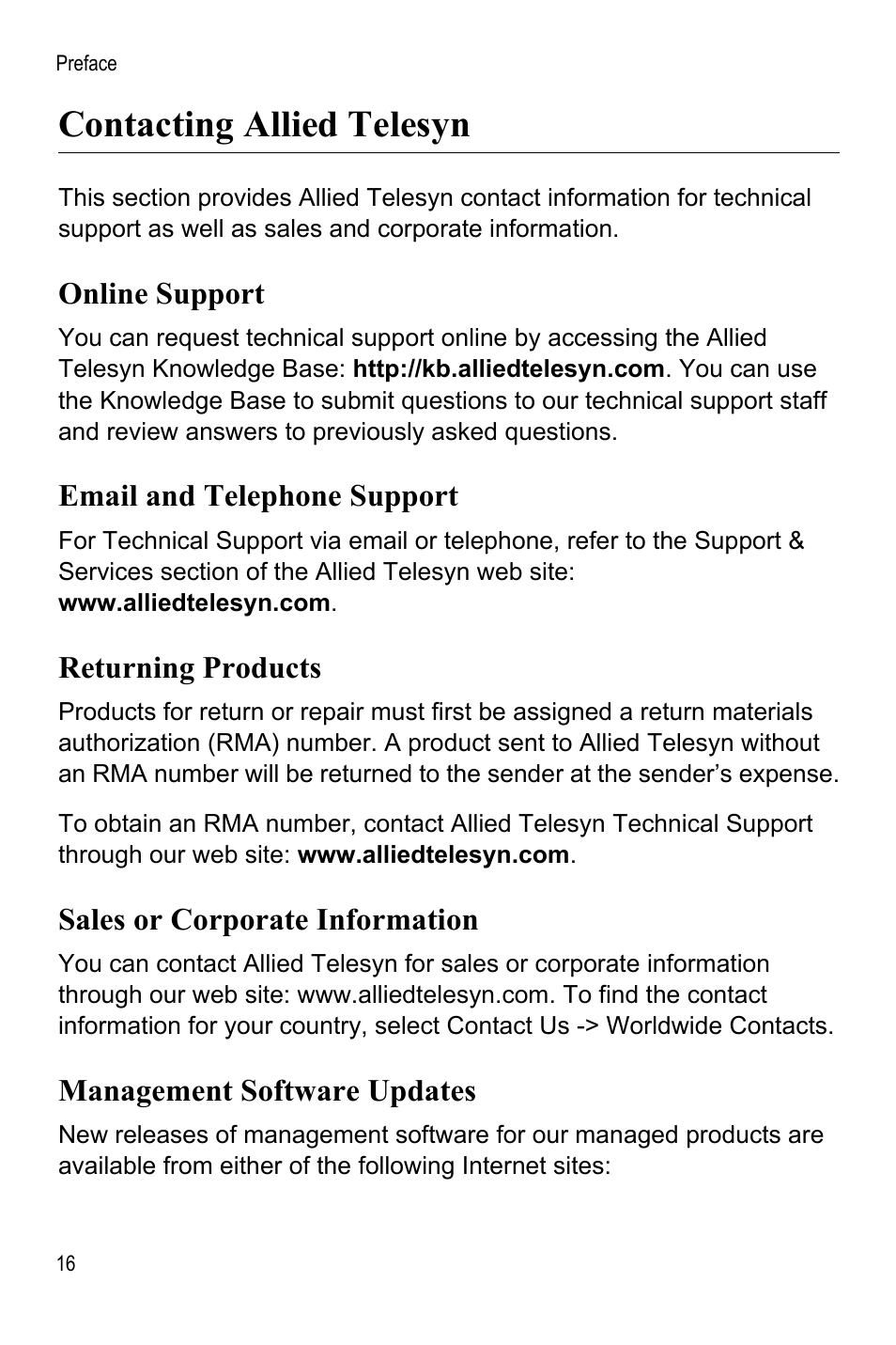 Contacting allied telesyn, Online support, Email and telephone support | Returning products, Sales or corporate information, Management software updates | Allied Telesis AT-WA7400 User Manual | Page 16 / 60