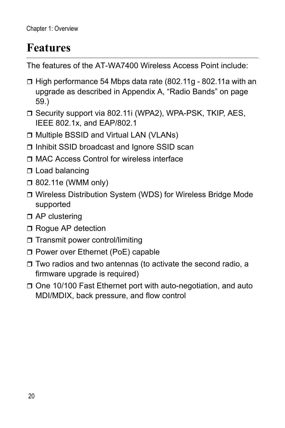 Features | Allied Telesis AT-WA7400 User Manual | Page 20 / 60