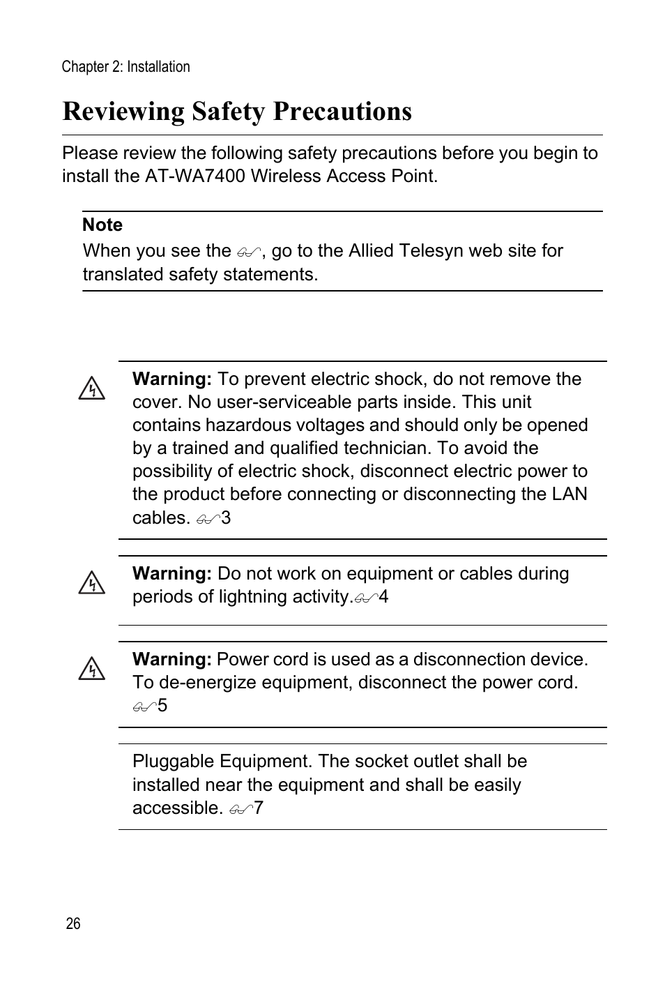Reviewing safety precautions | Allied Telesis AT-WA7400 User Manual | Page 26 / 60