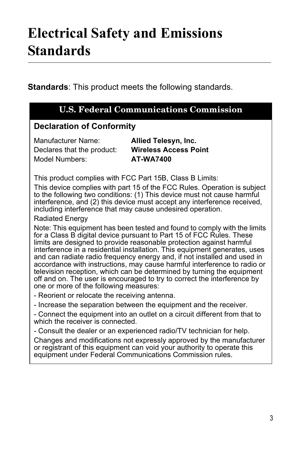 Electrical safety and emissions standards | Allied Telesis AT-WA7400 User Manual | Page 3 / 60
