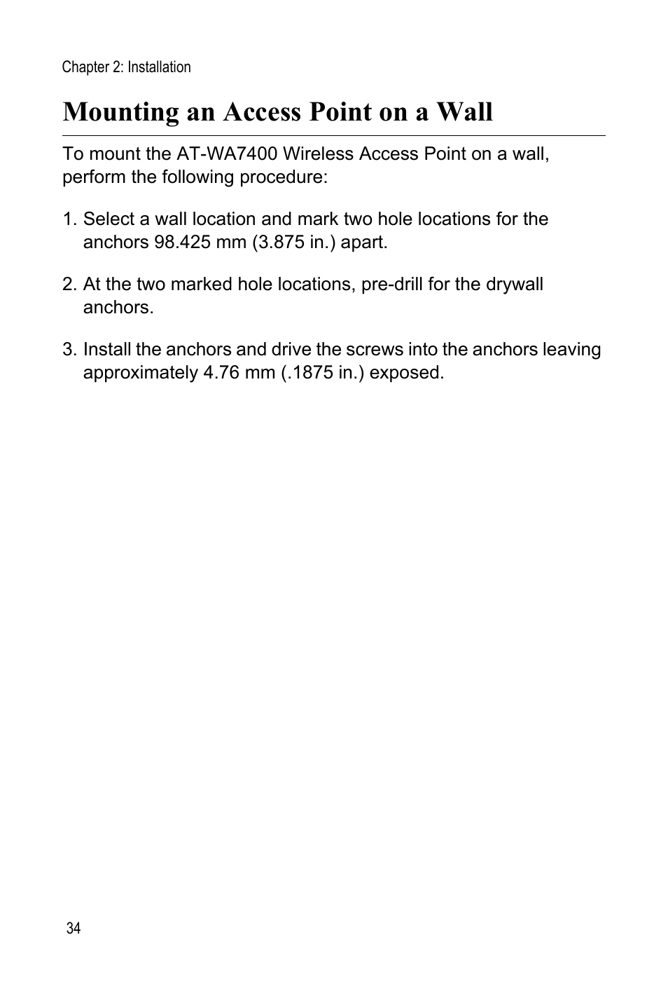 Mounting an access point on a wall | Allied Telesis AT-WA7400 User Manual | Page 34 / 60
