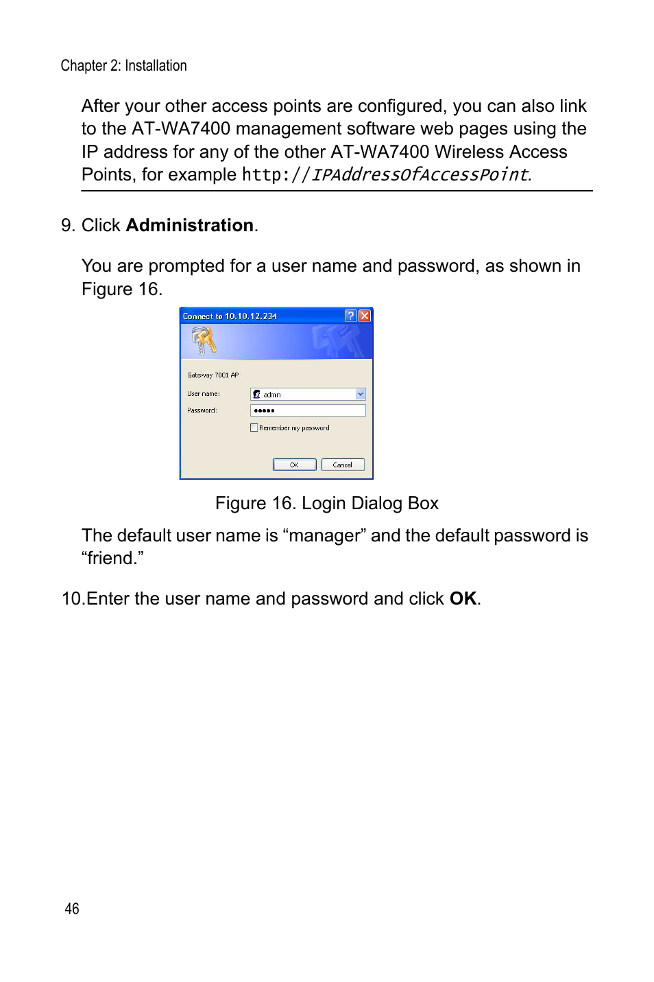 Click administration, Enter the user name and password and click ok | Allied Telesis AT-WA7400 User Manual | Page 46 / 60