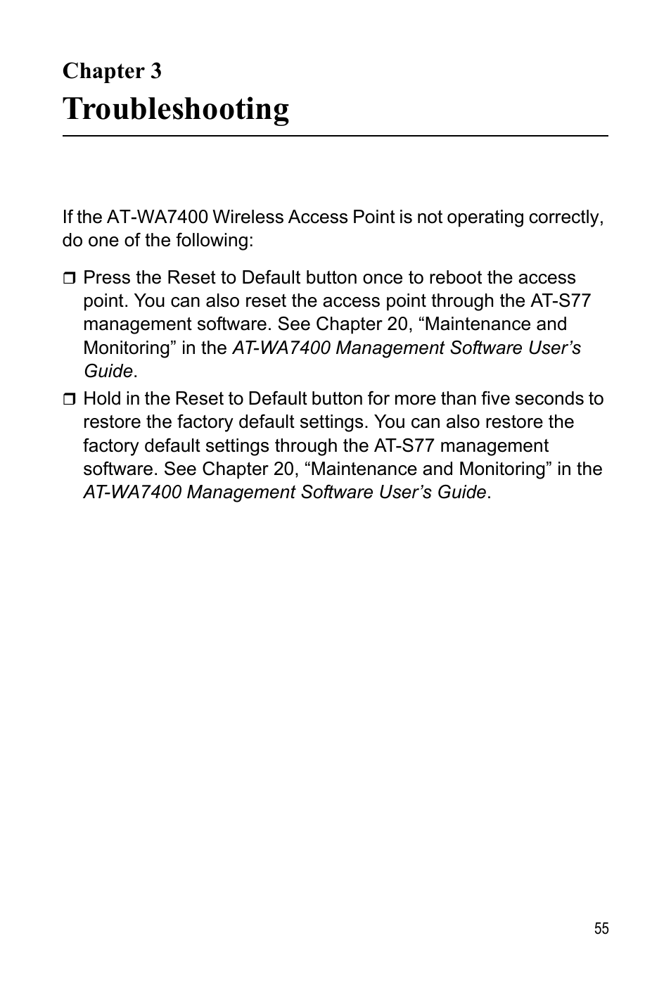 Chapter 3, Troubleshooting, Chap | Allied Telesis AT-WA7400 User Manual | Page 55 / 60