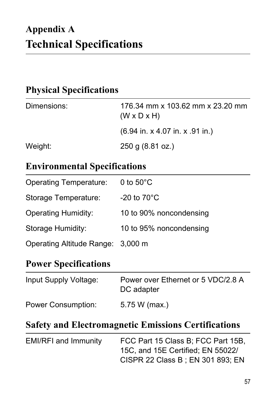 Appendix a, Technical specifications, Physical specifications | Environmental specifications, Power specifications, Appendix a: technical specifications | Allied Telesis AT-WA7400 User Manual | Page 57 / 60