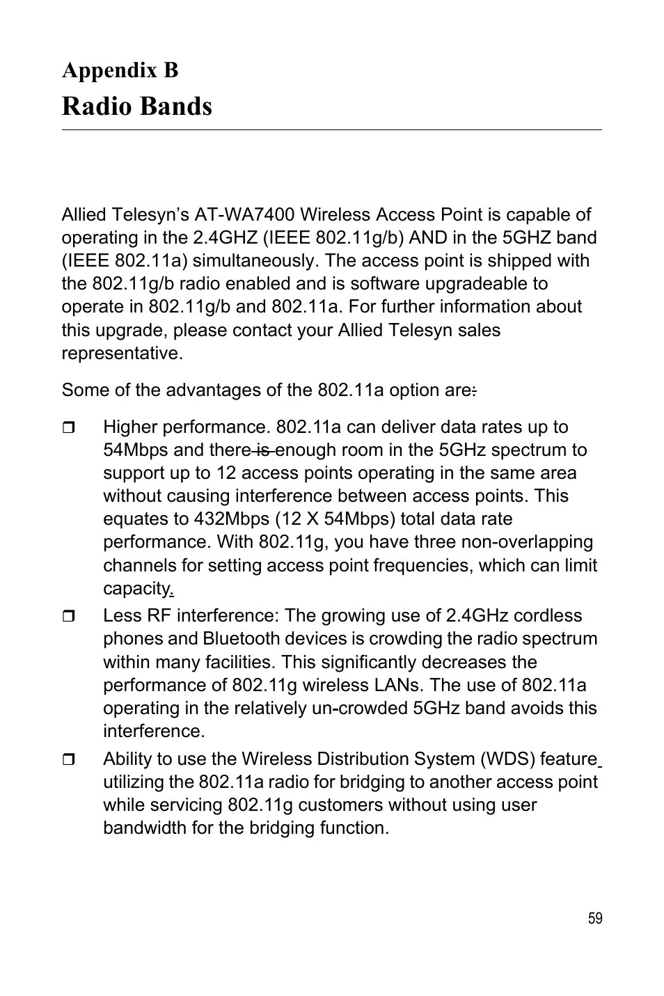 Appendix b, Radio bands, Appendix b: radio bands | Allied Telesis AT-WA7400 User Manual | Page 59 / 60