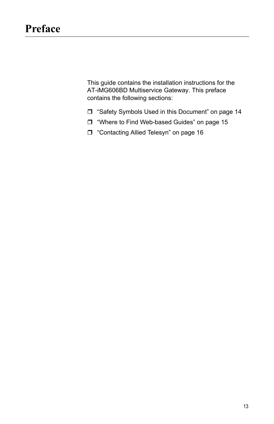 Preface | Allied Telesis AT-iMG606BD User Manual | Page 13 / 80
