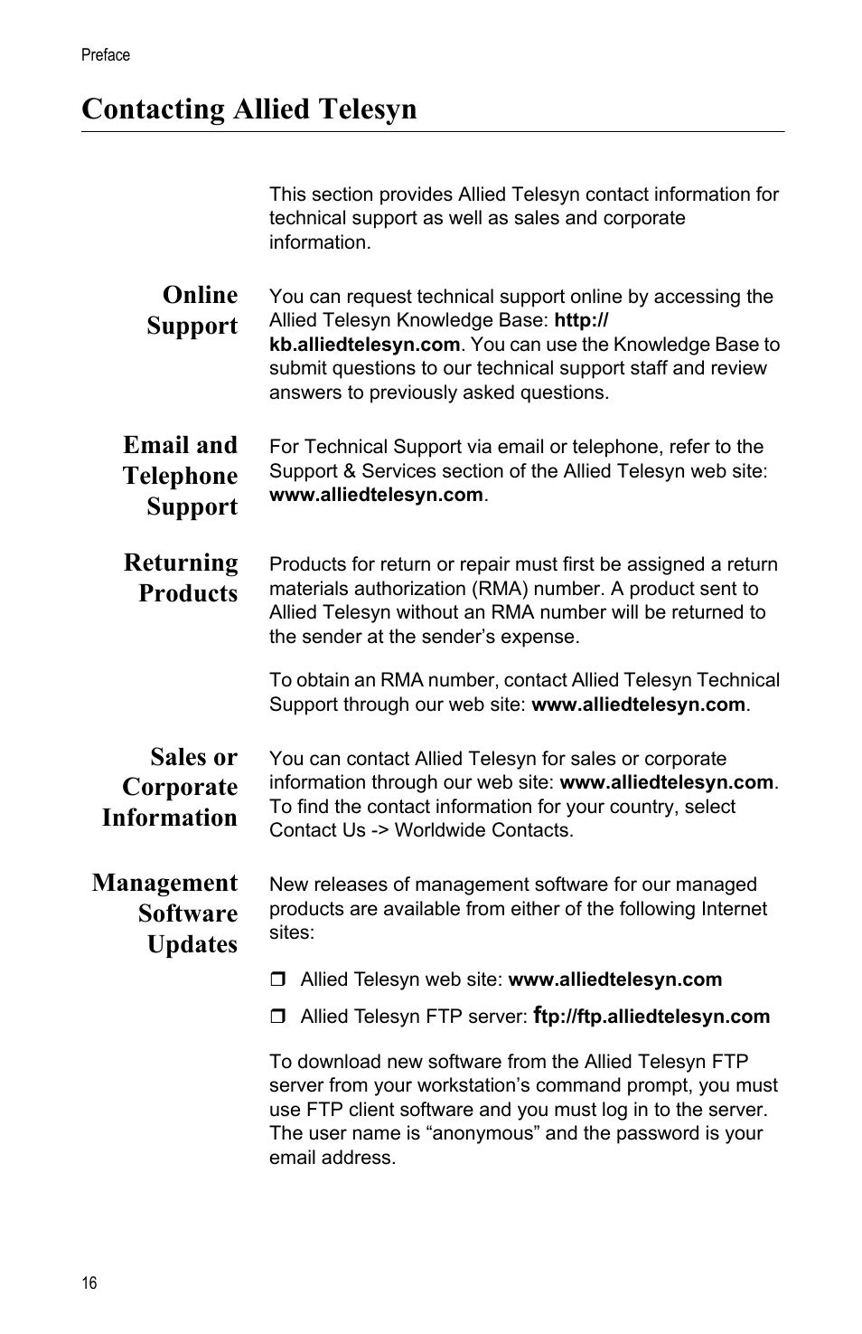 Contacting allied telesyn, Online support, Email and telephone support | Returning products, Sales or corporate information, Management software updates | Allied Telesis AT-iMG606BD User Manual | Page 16 / 80