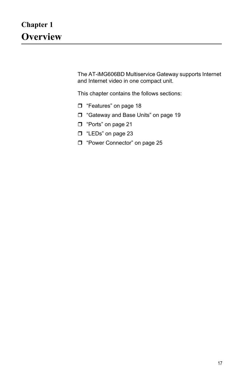 Chapter 1, Overview, Ter 1: overview | Allied Telesis AT-iMG606BD User Manual | Page 17 / 80