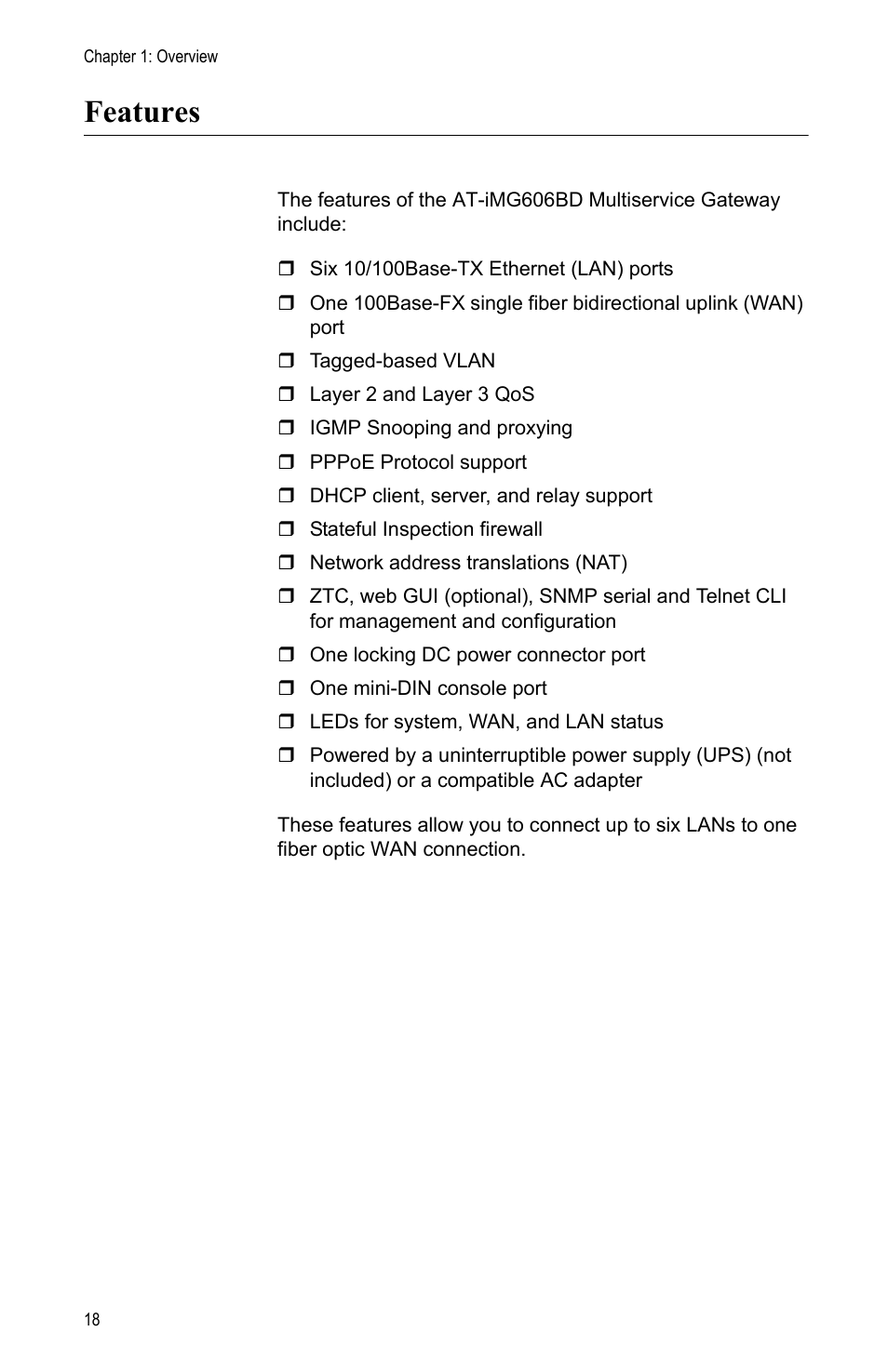 Features | Allied Telesis AT-iMG606BD User Manual | Page 18 / 80