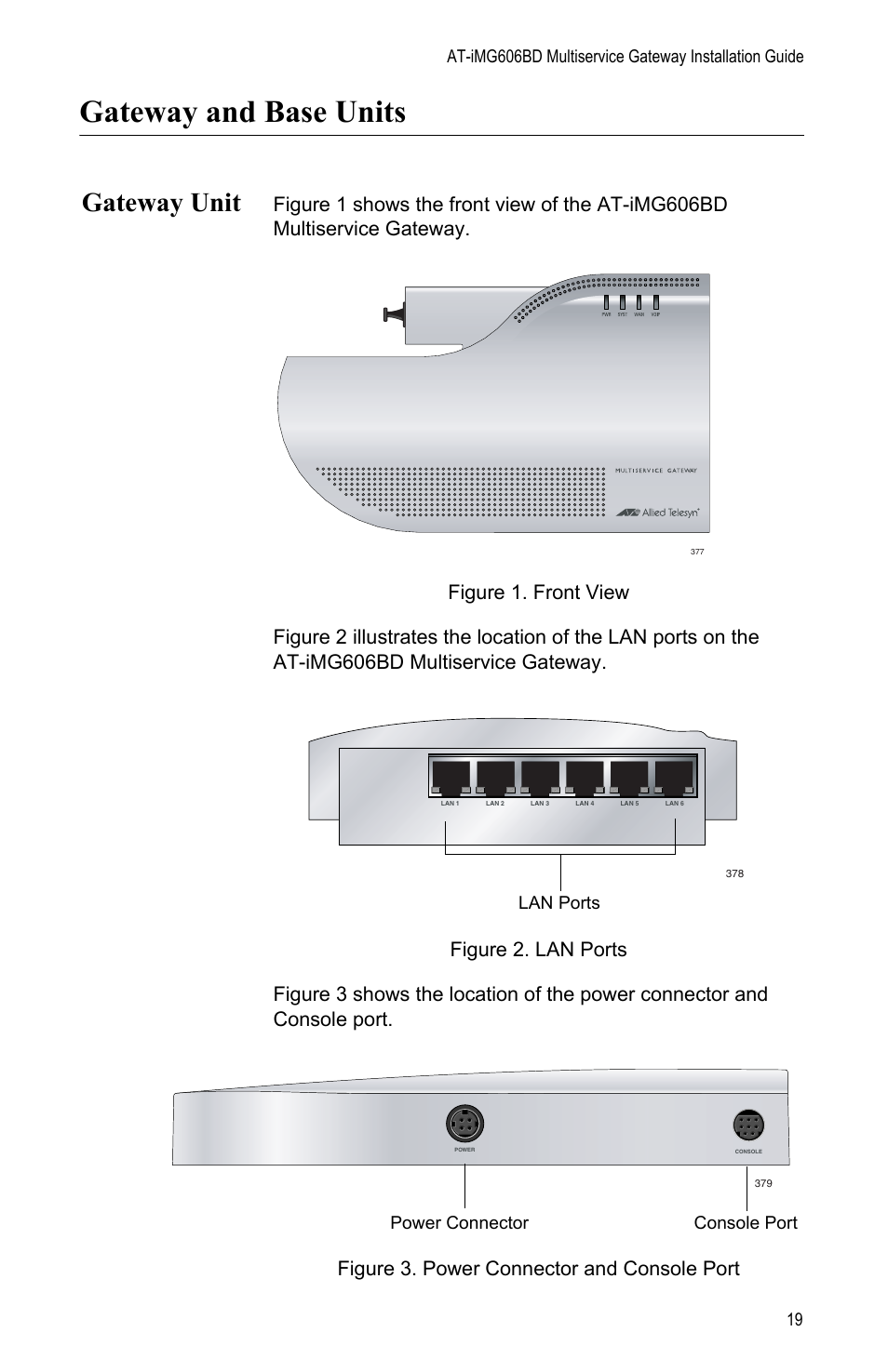 Gateway and base units, Gateway unit, Lan ports | Power connector console port | Allied Telesis AT-iMG606BD User Manual | Page 19 / 80