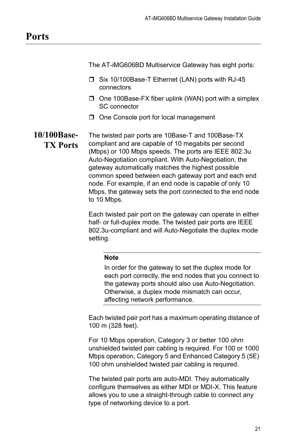 Ports, 10/100base- tx ports, 10/100base-tx ports | Allied Telesis AT-iMG606BD User Manual | Page 21 / 80