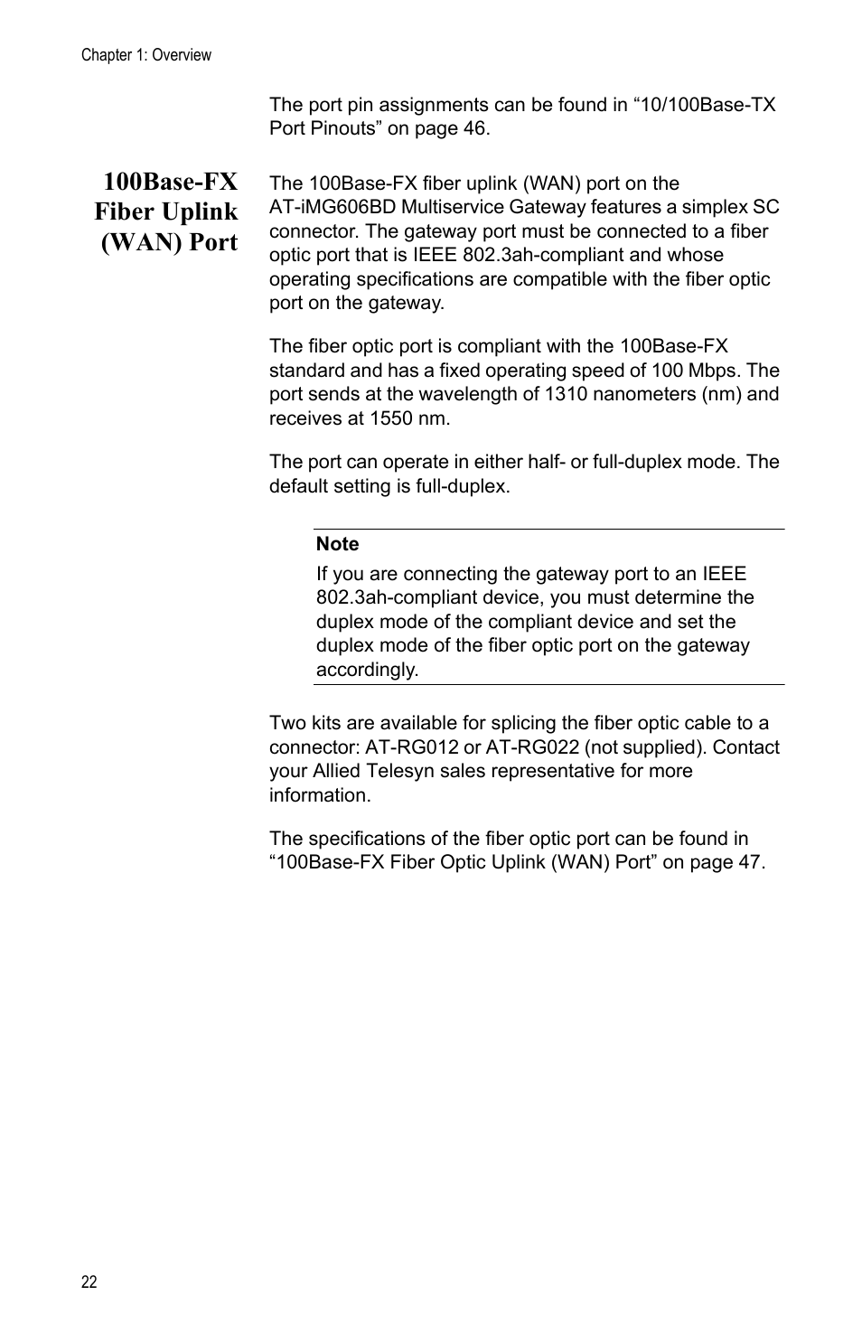 100base-fx fiber uplink (wan) port | Allied Telesis AT-iMG606BD User Manual | Page 22 / 80