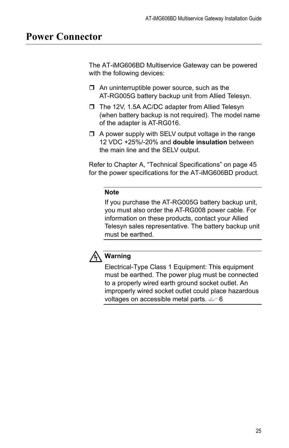 Power connector | Allied Telesis AT-iMG606BD User Manual | Page 25 / 80