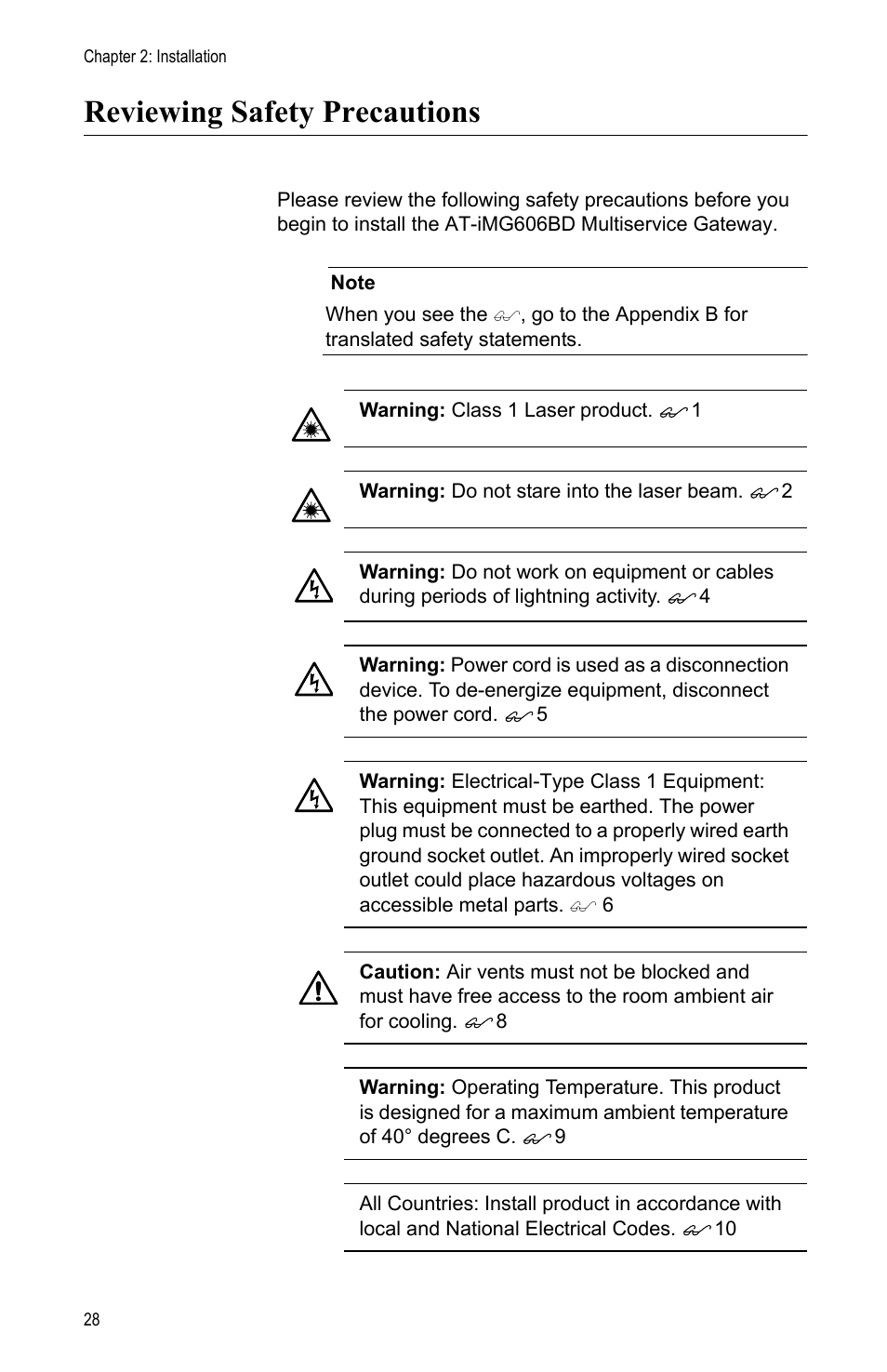 Reviewing safety precautions | Allied Telesis AT-iMG606BD User Manual | Page 28 / 80
