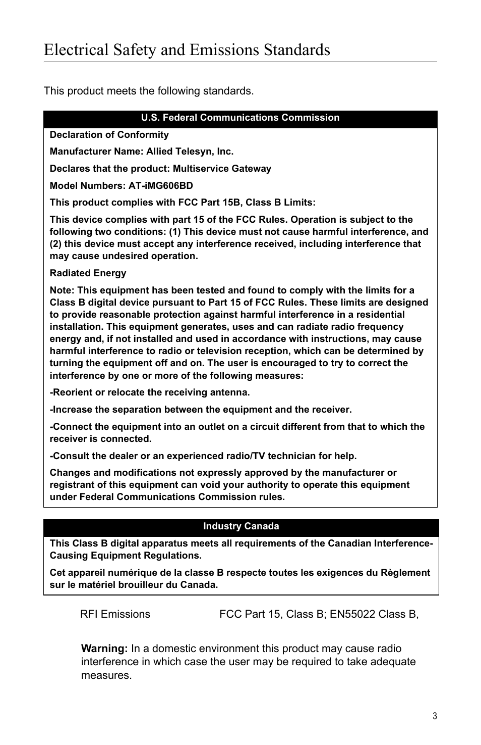 Electrical safety and emissions standards | Allied Telesis AT-iMG606BD User Manual | Page 3 / 80