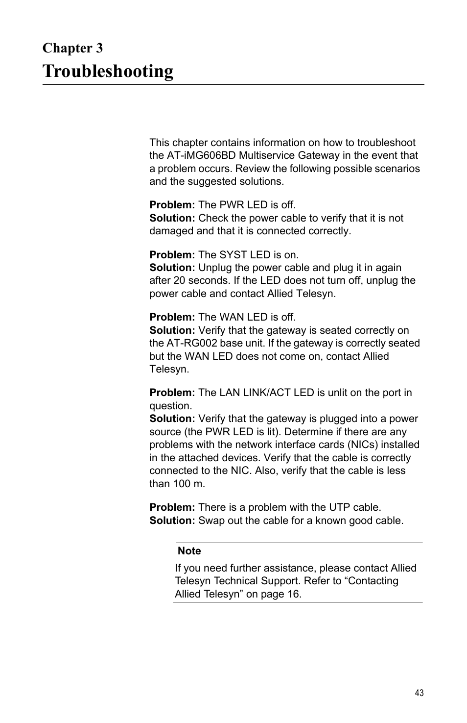 Chapter 3, Troubleshooting, Ter 3: troubleshooting | Allied Telesis AT-iMG606BD User Manual | Page 43 / 80