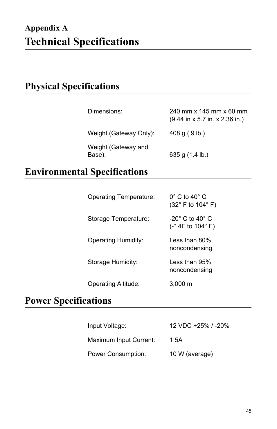 Appendix a, Technical specifications, Physical specifications | Environmental specifications, Power specifications, Appendix a: technical specifications | Allied Telesis AT-iMG606BD User Manual | Page 45 / 80