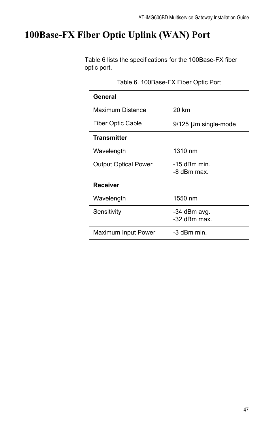 100base-fx fiber optic uplink (wan) port, 100base-fx fiber optic port | Allied Telesis AT-iMG606BD User Manual | Page 47 / 80