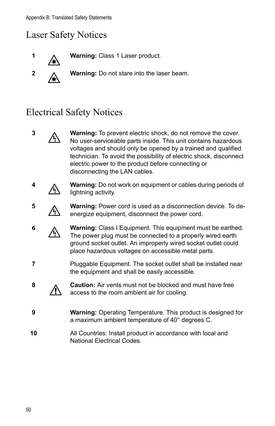 Laser safety notices electrical safety notices | Allied Telesis AT-iMG606BD User Manual | Page 50 / 80