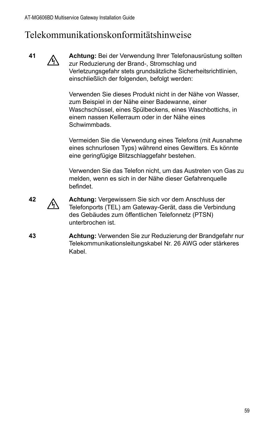 Telekommunikationskonformitätshinweise | Allied Telesis AT-iMG606BD User Manual | Page 59 / 80
